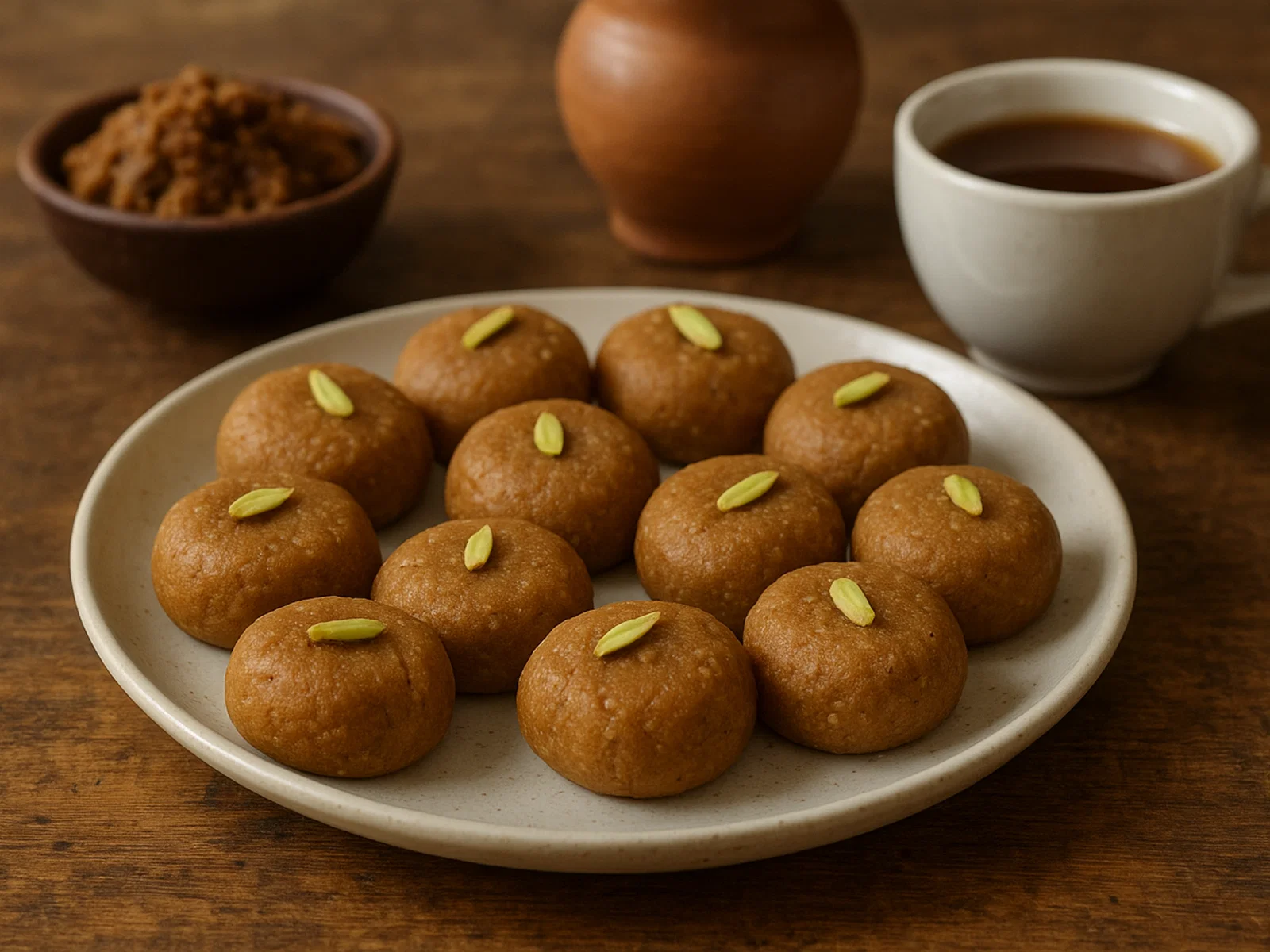 Nolen Gur Sandesh (Bengalische Frischkäse-Pralinen mit Dattelpalmenzucker)