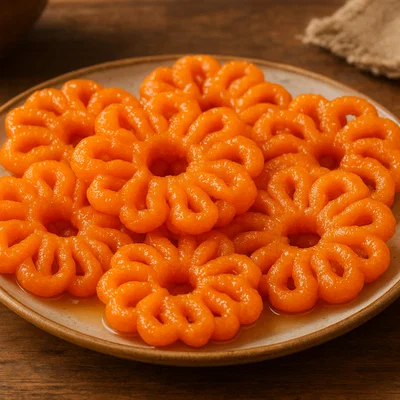 Imarti – blütenförmige Linsenmehl-Spiralen in Zuckersirup