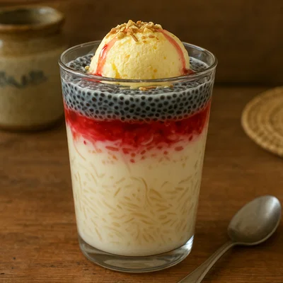 Falooda – Indisches Dessert mit Fadennudeln, Milch, Sirup und Basilikumsamen