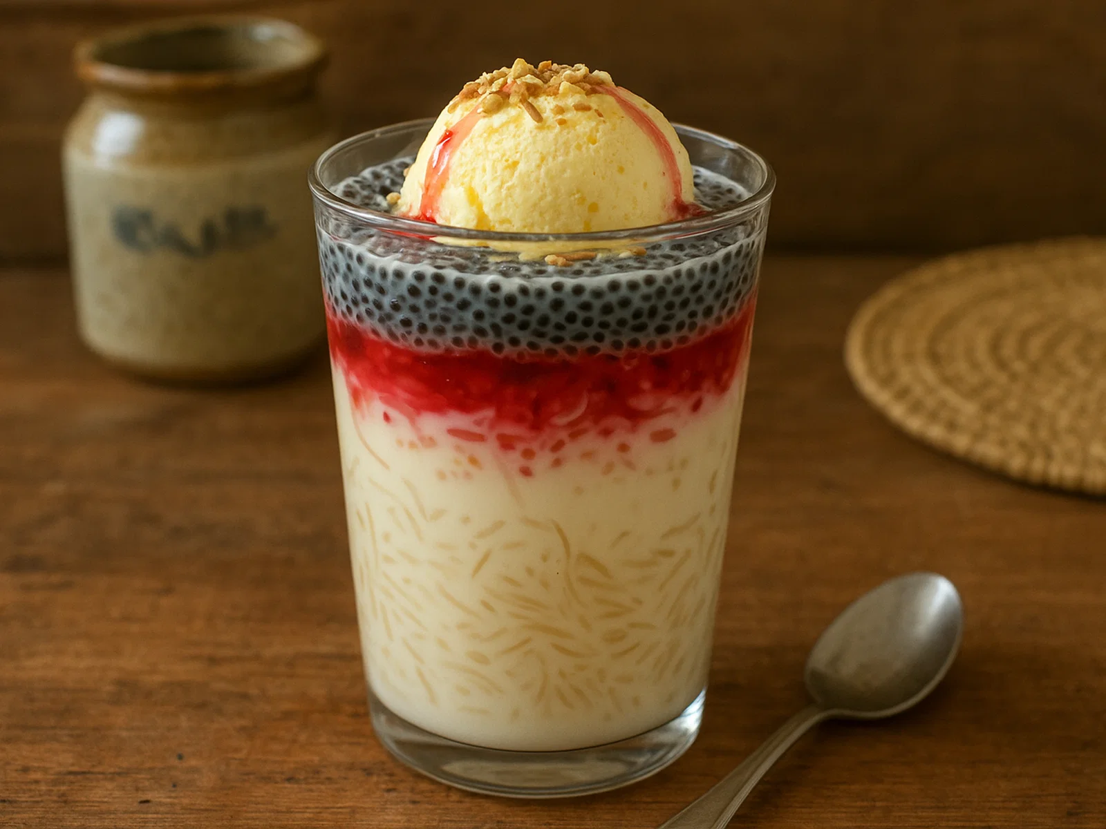 Falooda – Indisches Dessert mit Fadennudeln, Milch, Sirup und Basilikumsamen
