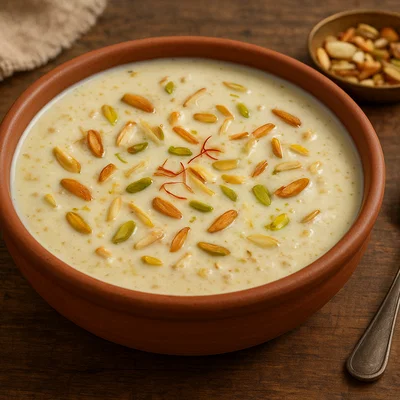 Basundi – eingekochte, gesüßte Milch mit Nüssen