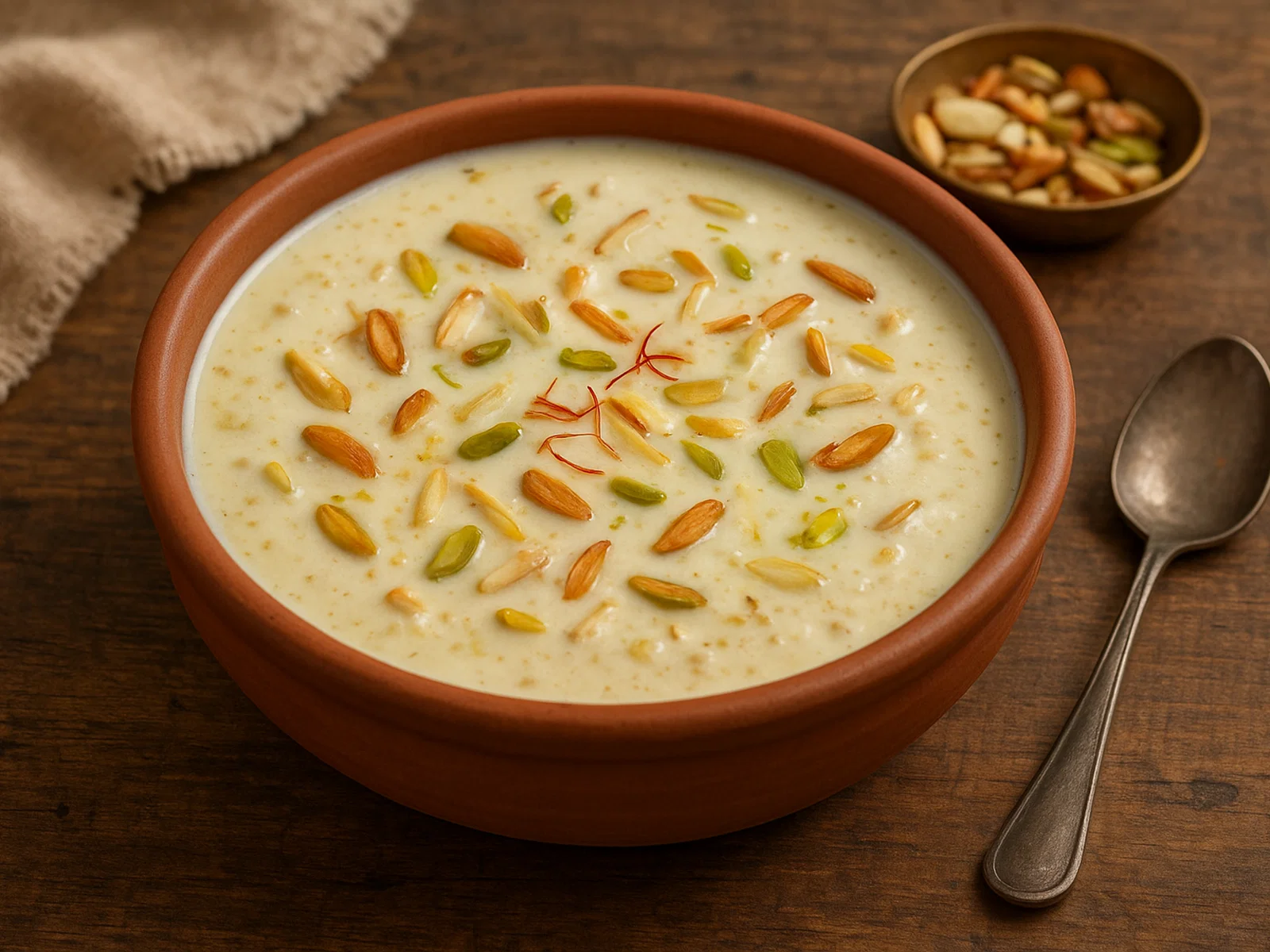 Basundi – eingekochte, gesüßte Milch mit Nüssen