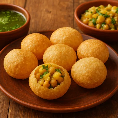 Pani Puri – Knusprige Hohlkugeln mit würzigem Wasser und Kartoffel-Kichererbsen-Füllung