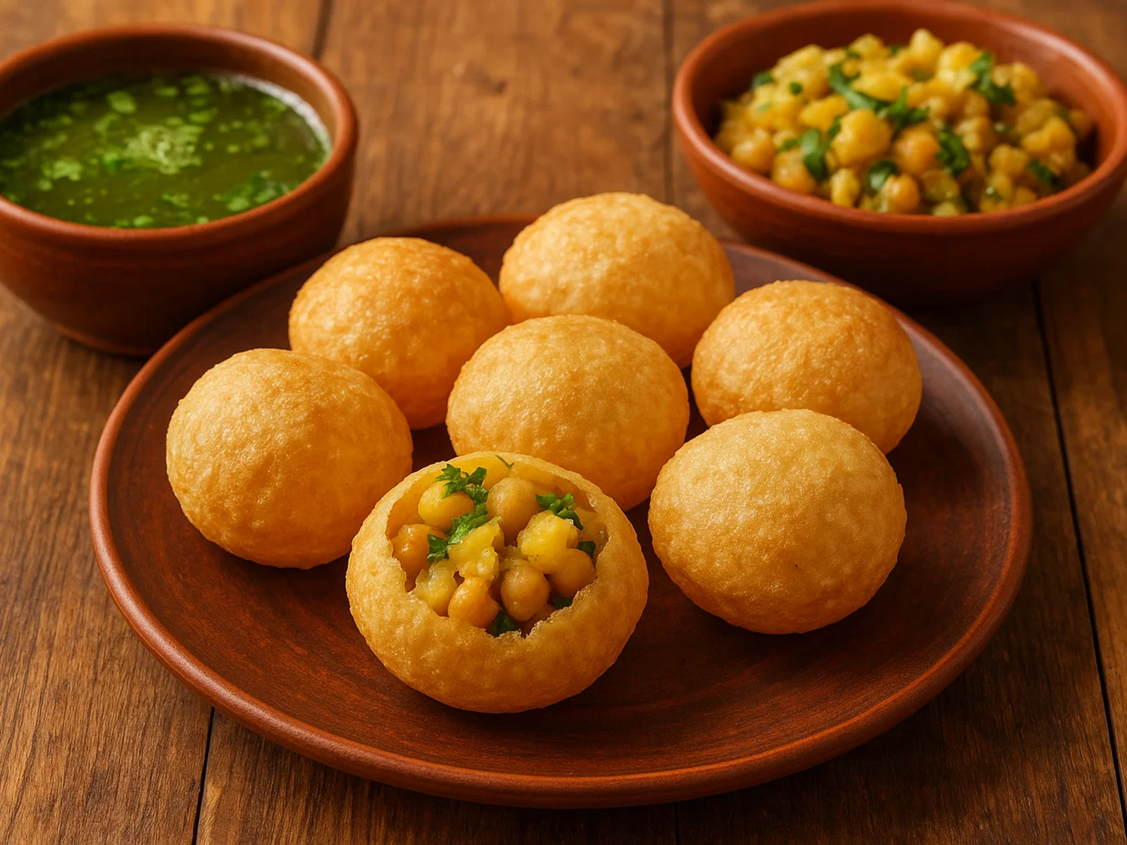 Pani Puri – Knusprige Hohlkugeln mit würzigem Wasser und Kartoffel-Kichererbsen-Füllung