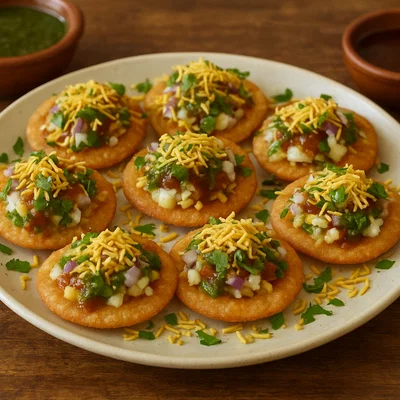 Sev Puri – Indische Knusperplättchen mit Kartoffeln, Zwiebeln und Chutneys