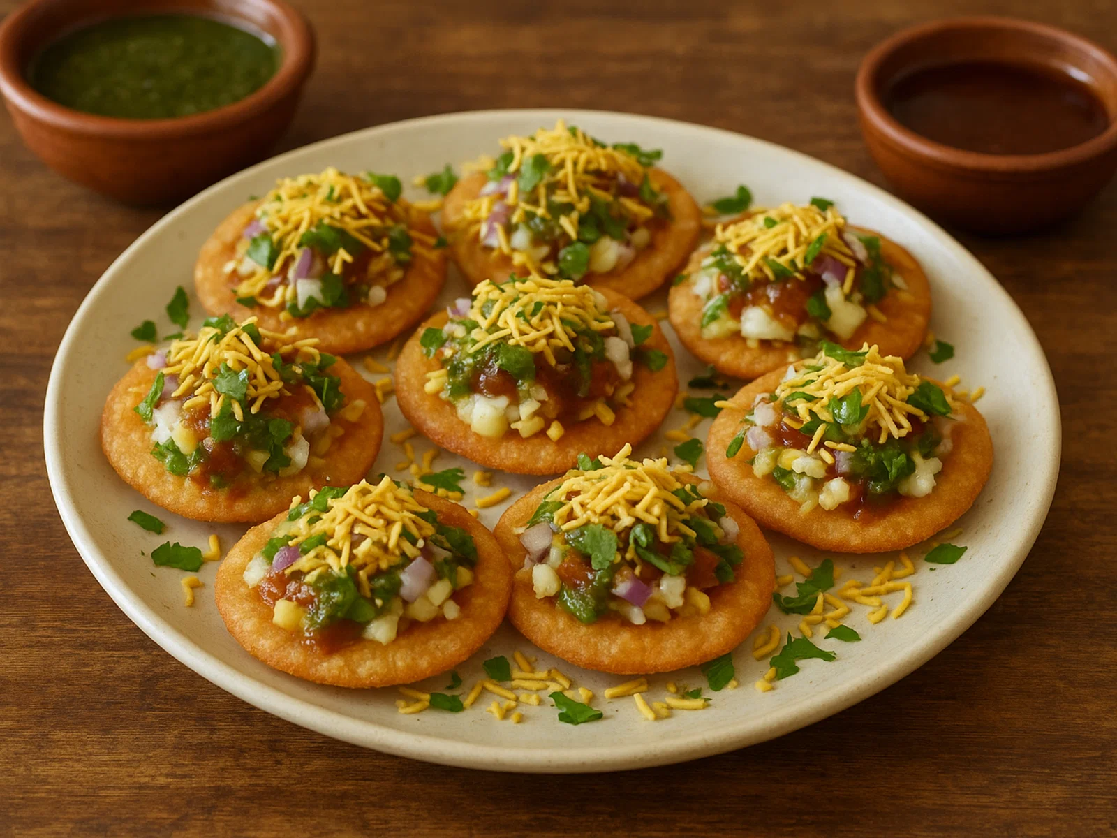 Sev Puri – Indische Knusperplättchen mit Kartoffeln, Zwiebeln und Chutneys
