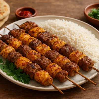 Kabab Bakhtiari – gemischte Hähnchen-Lamm-Spieße