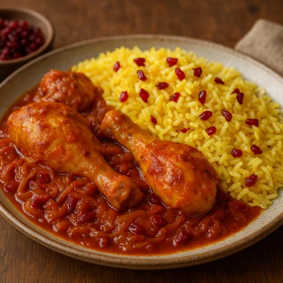 Zereshk Polo ba Morgh – Safranreis mit Berberitzen und Huhn