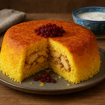 Tahchin – persischer Safran-Joghurt-Reiskuchen mit Huhn