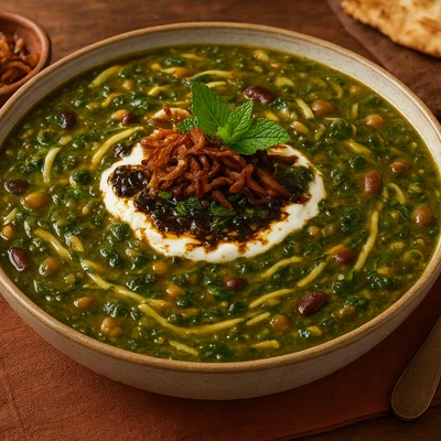 Ash Reshteh – Persische Kräuter-Bohnen-Suppe mit Nudeln und Kashk