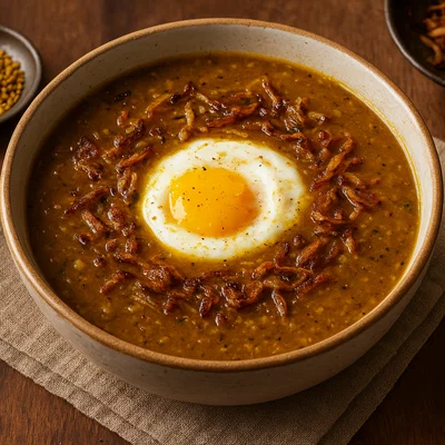 Eshkeneh – Persische Zwiebelsuppe mit Bockshornklee und Ei