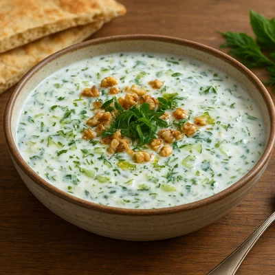 Ab Doogh Khiar – Kalte persische Joghurtsuppe mit Gurke, Kräutern und Brot