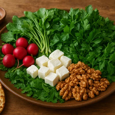 Sabzi Khordan – Persischer Kräuterteller mit Käse und Walnüssen