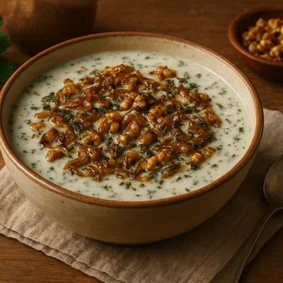 Kalleh Joosh – Warme Kashk-Zwiebel-Walnuss-Suppe