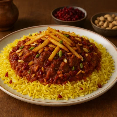 Gheymeh Nesar – Festlicher Reis mit Lamm, Berberitzen und Mandeln