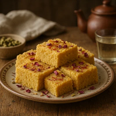 Safran-Rosenwasser-Halva aus geröstetem Mehl