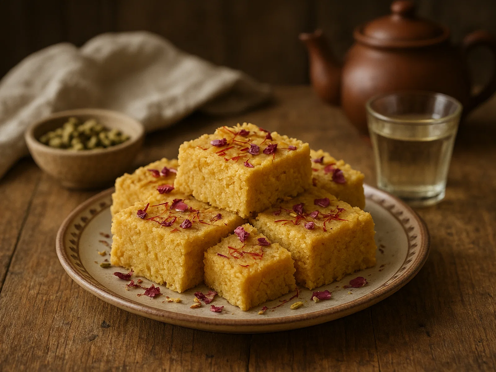 Safran-Rosenwasser-Halva aus geröstetem Mehl