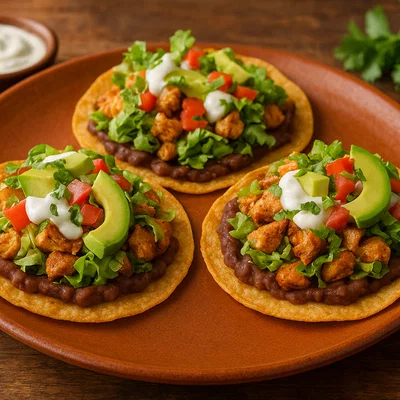 Mexikanische Tostadas mit Bohnen, Hähnchen und frischen Toppings