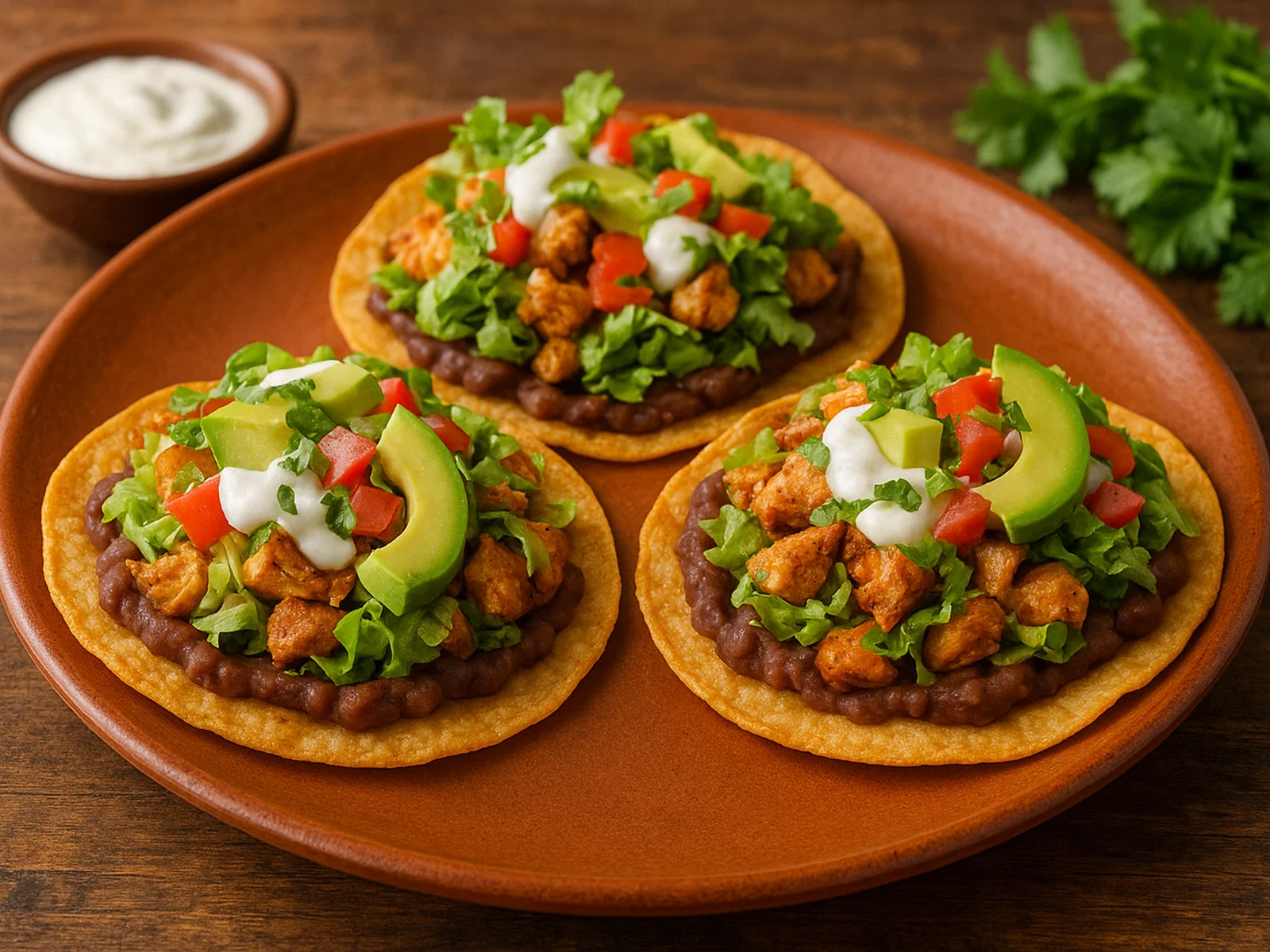 Mexikanische Tostadas mit Bohnen, Hähnchen und frischen Toppings