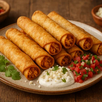 Knusprige Flautas mit Crema und Käse