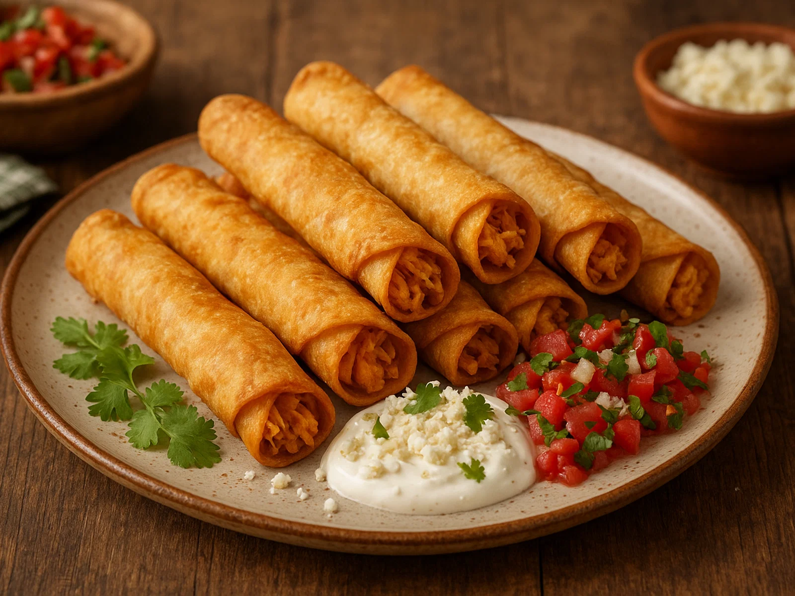 Knusprige Flautas mit Crema und Käse
