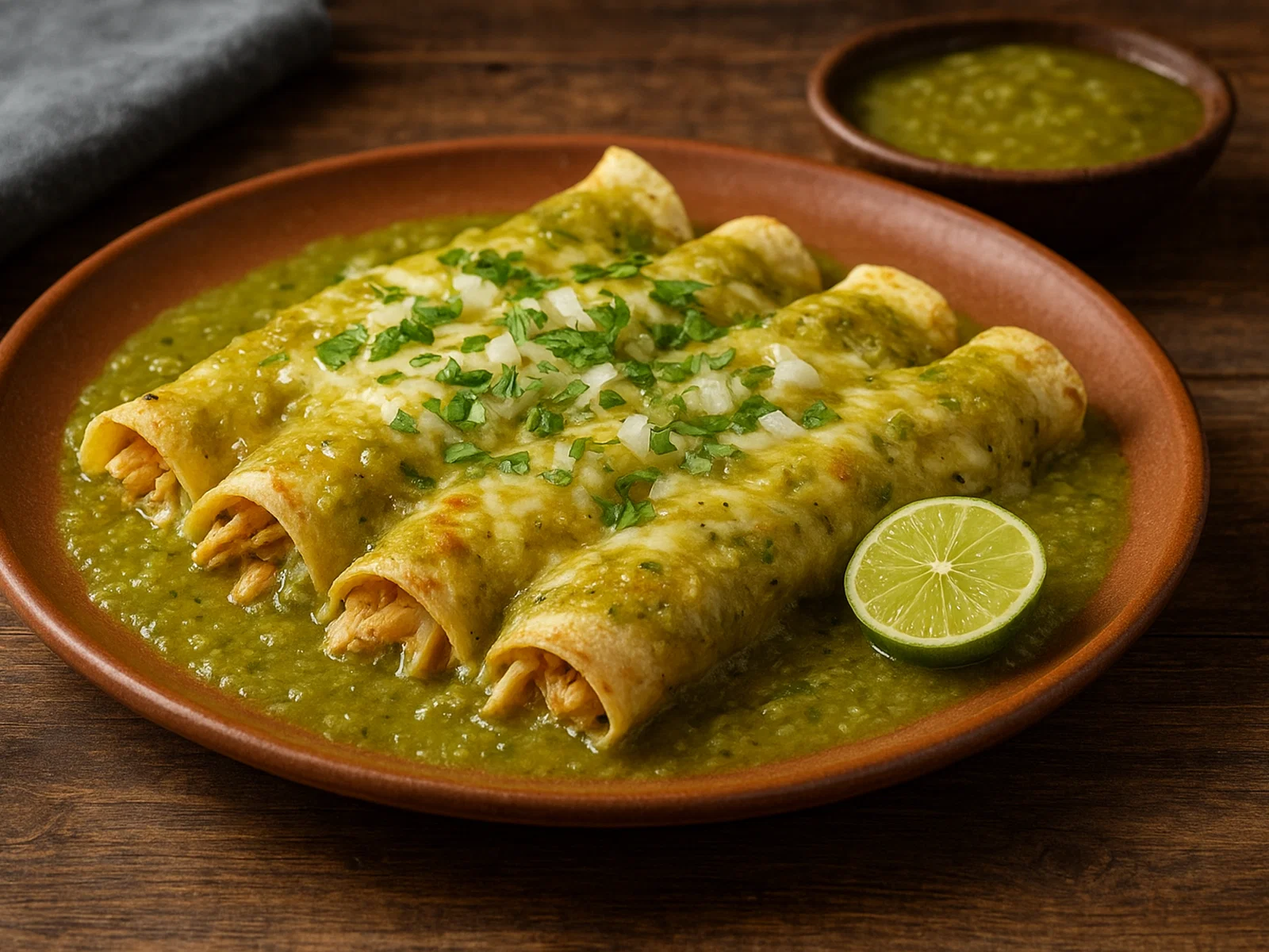 Enchiladas Verdes mit Hähnchen und grüner Tomatillo-Soße