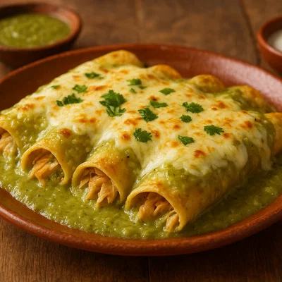 Enchiladas suizas mit grüner Salsa und überbackenem Käse