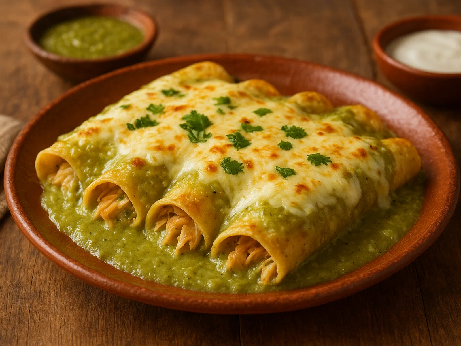 Enchiladas suizas mit grüner Salsa und überbackenem Käse