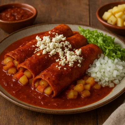 Enchiladas mineras aus Guanajuato mit Guajillo-Soße und Kartoffeln
