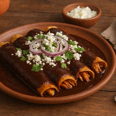 Enmoladas – mit Mole überzogene gefüllte Tortillas