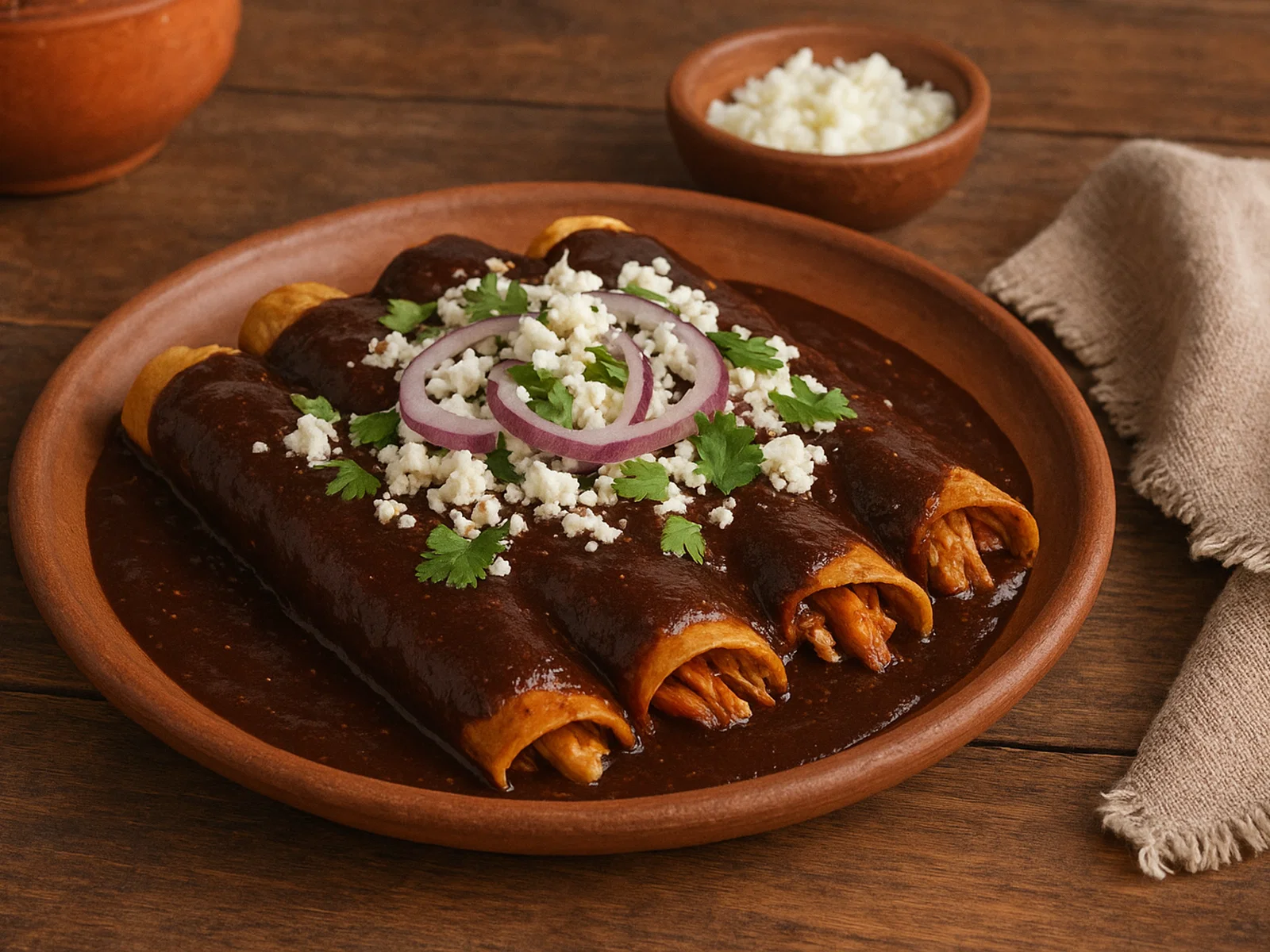 Enmoladas – mit Mole überzogene gefüllte Tortillas