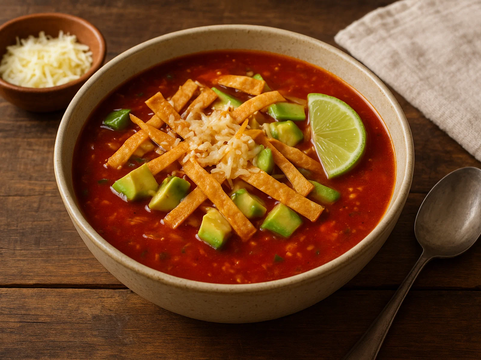 Sopa de Tortilla (Mexikanische Tortillasuppe mit Chili, Avocado und Käse)
