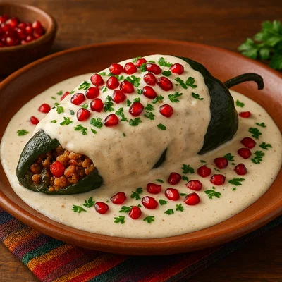 Chiles en nogada – Gefüllte Poblano-Chilis mit Walnusssoße und Granatapfel