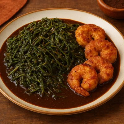 Romeritos – Wildkräuter in Mole mit Garnelenküchlein