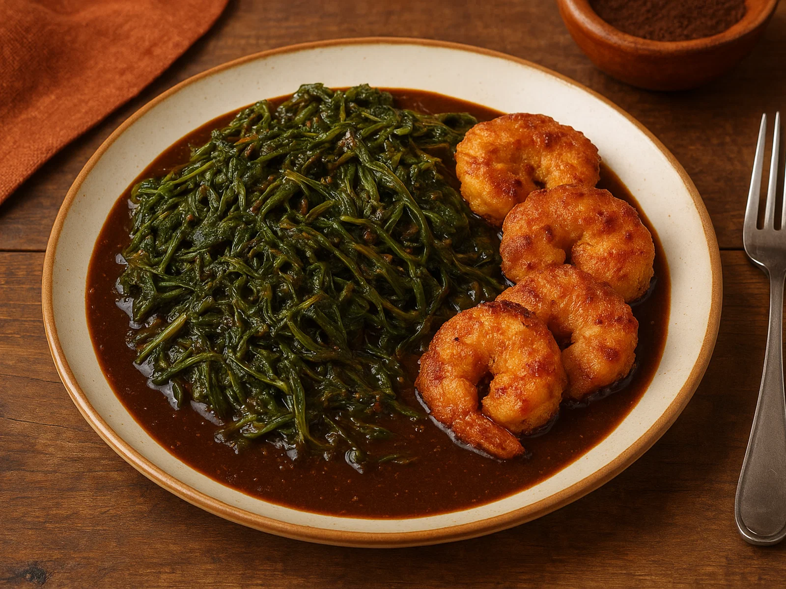 Romeritos – Wildkräuter in Mole mit Garnelenküchlein