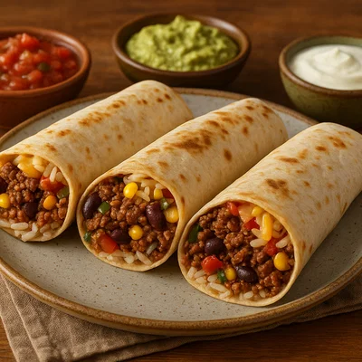 Herzhafte Burritos mit Rindfleisch, Bohnen und Reis
