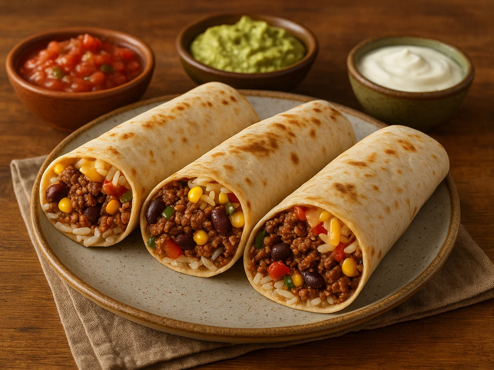 Herzhafte Burritos mit Rindfleisch, Bohnen und Reis