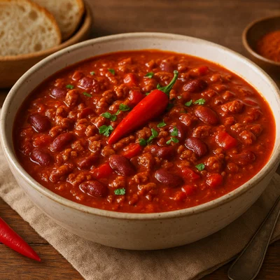 Klassisches Chili con Carne mit Rindfleisch in roter Chilisauce