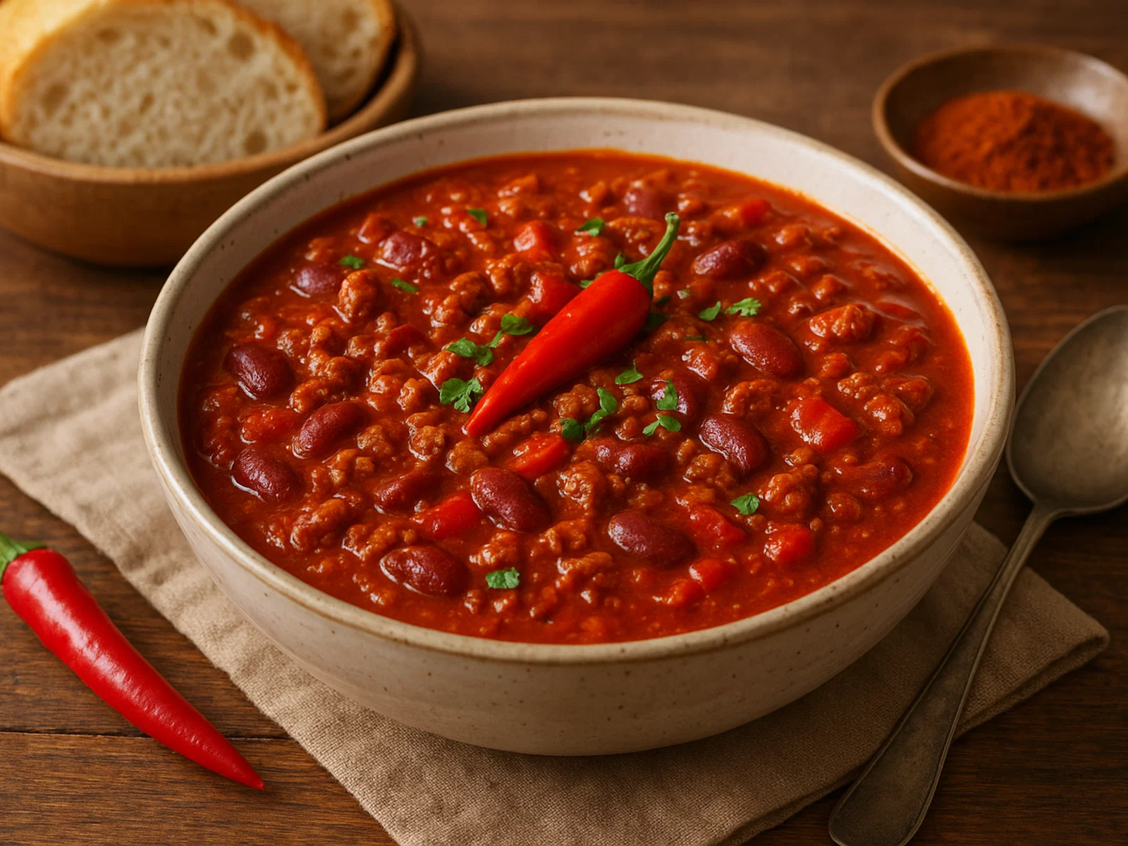 Klassisches Chili con Carne mit Rindfleisch in roter Chilisauce