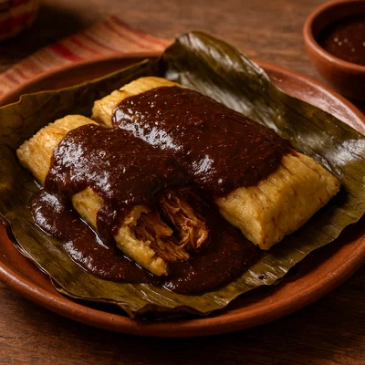 Tamales oaxaqueños mit Mole im Bananenblatt