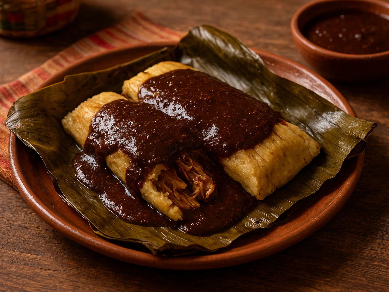Tamales oaxaqueños mit Mole im Bananenblatt