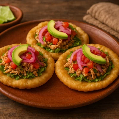 Salbutes – weiche frittierte Maistortillas mit Pute und Gemüse