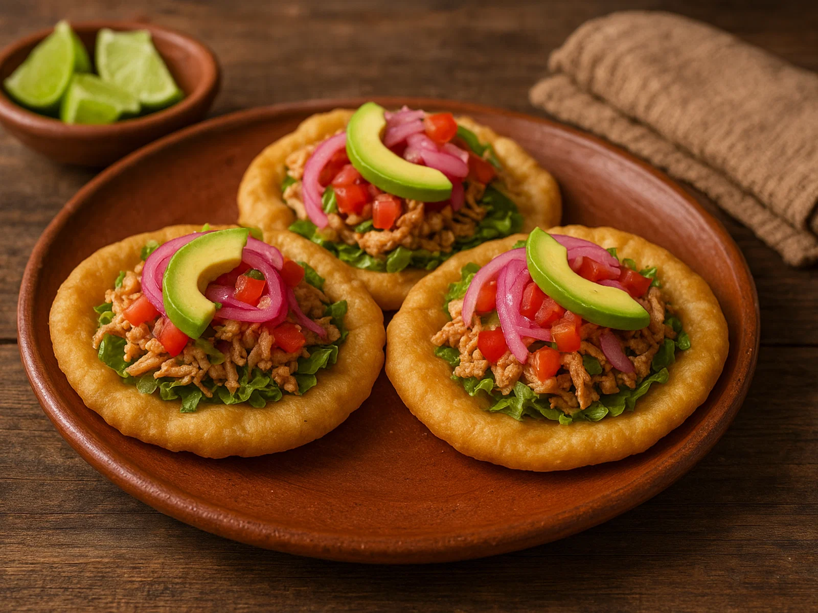 Salbutes – weiche frittierte Maistortillas mit Pute und Gemüse