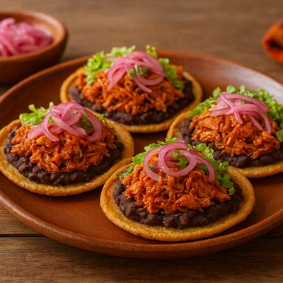 Panuchos mit Cochinita Pibil (gefüllte, frittierte Tortillas)