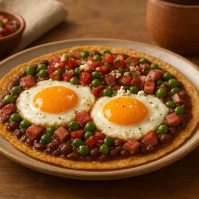 Huevos motuleños – mexikanische Spiegeleier auf Tortilla mit Bohnen, Schinken und Erbsen