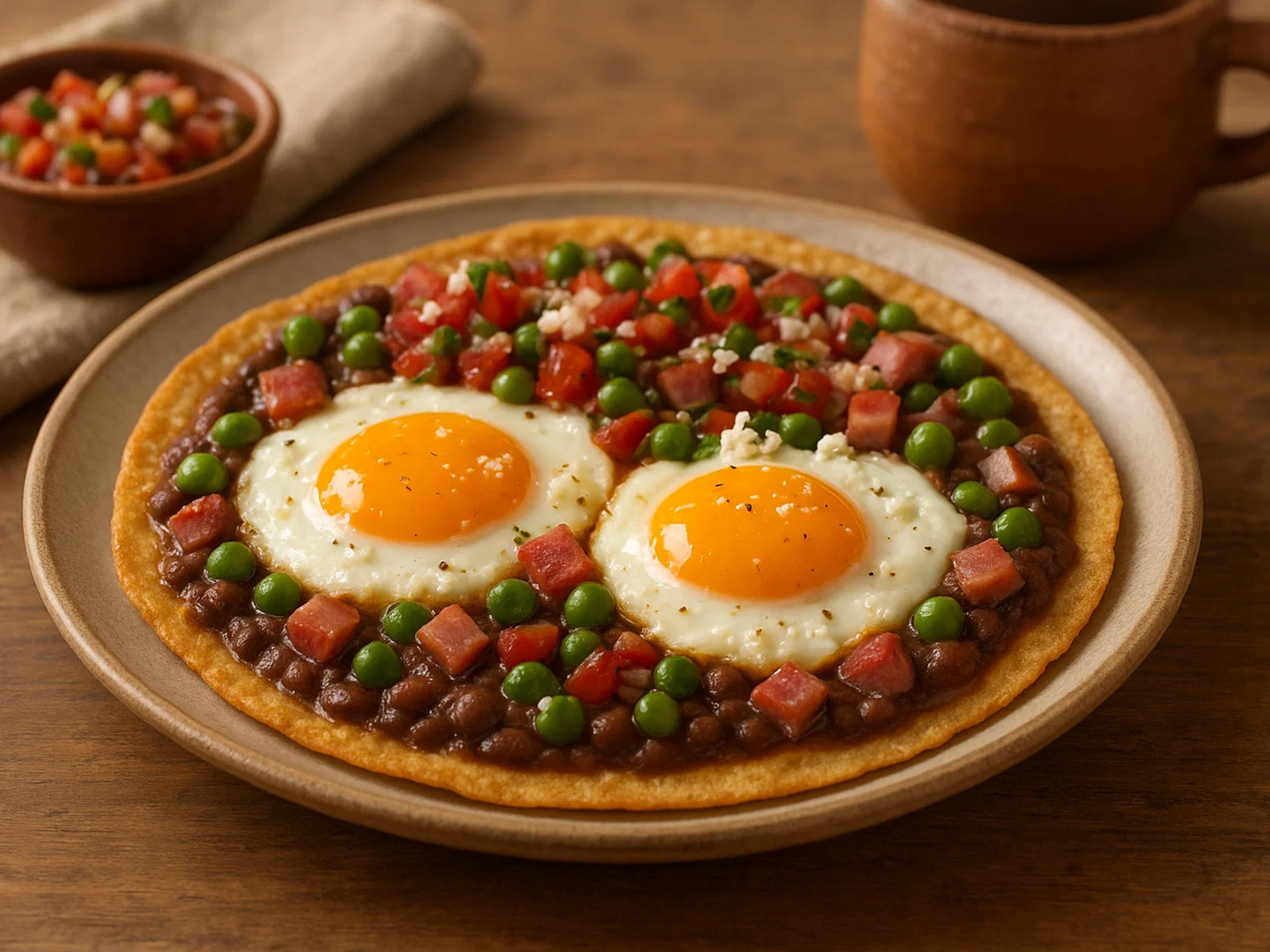 Huevos motuleños – mexikanische Spiegeleier auf Tortilla mit Bohnen, Schinken und Erbsen