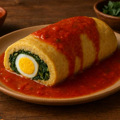 Brazo de Reina – Maistamale‑Rolle mit Chaya und Ei