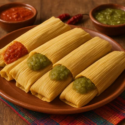 Tamales rojos y verdes (mexikanische Tamales mit roter und grüner Chilisoße)