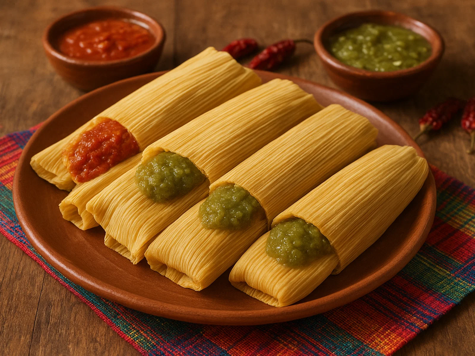 Tamales rojos y verdes (mexikanische Tamales mit roter und grüner Chilisoße)