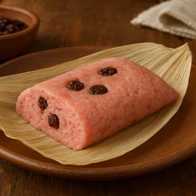 Tamal de dulce (süßer rosa Tamal mit Rosinen)